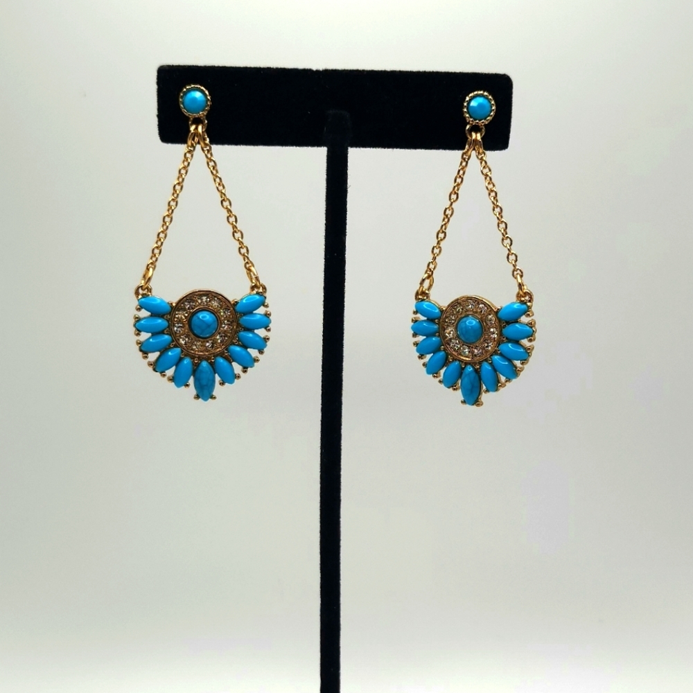 Golden Chandelier Earings with Turquoise Stones - Picture 1 of 2